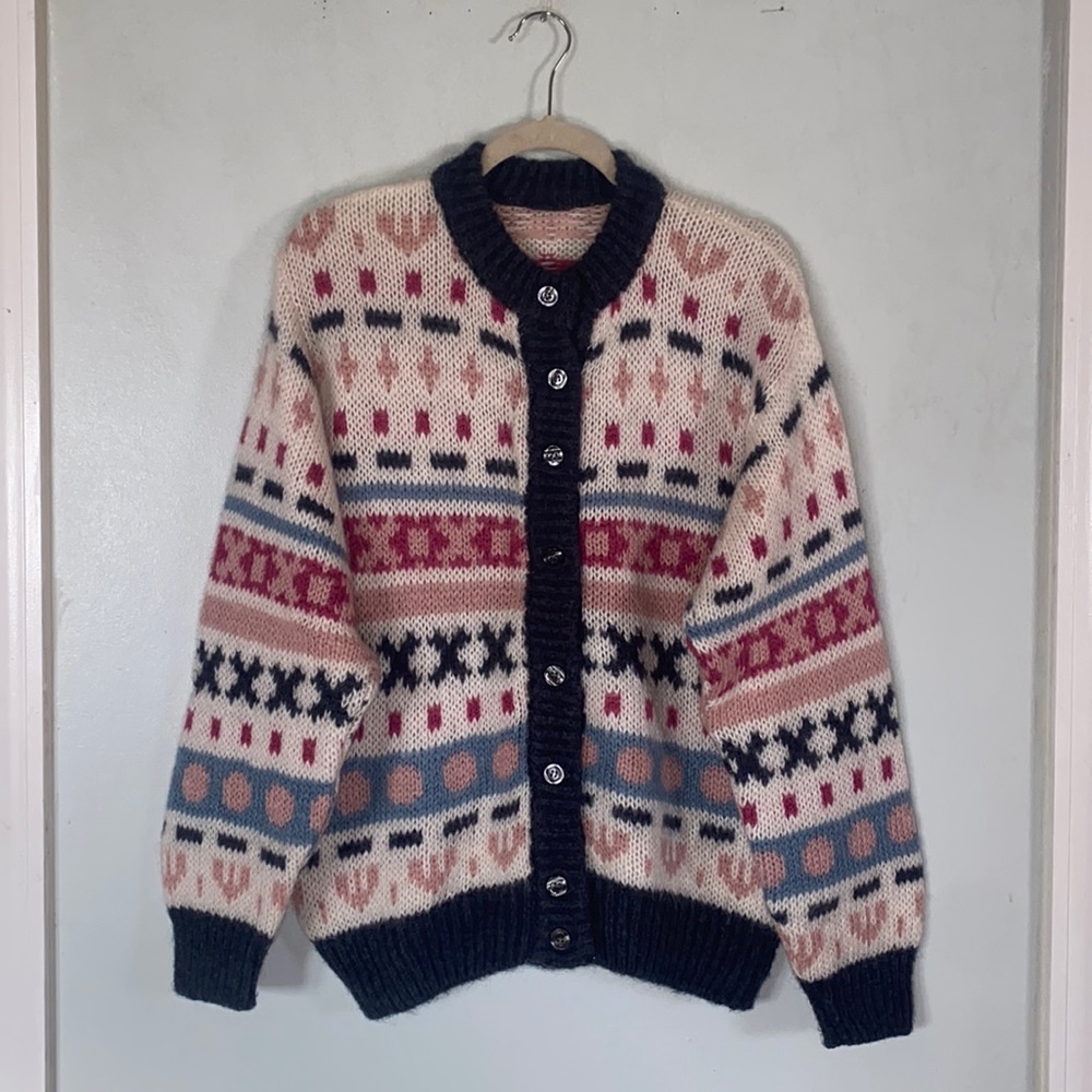 Vintage Mohair Women’s Mixed Media Pastel Button Down Sweater-Made in Italy-Sz S